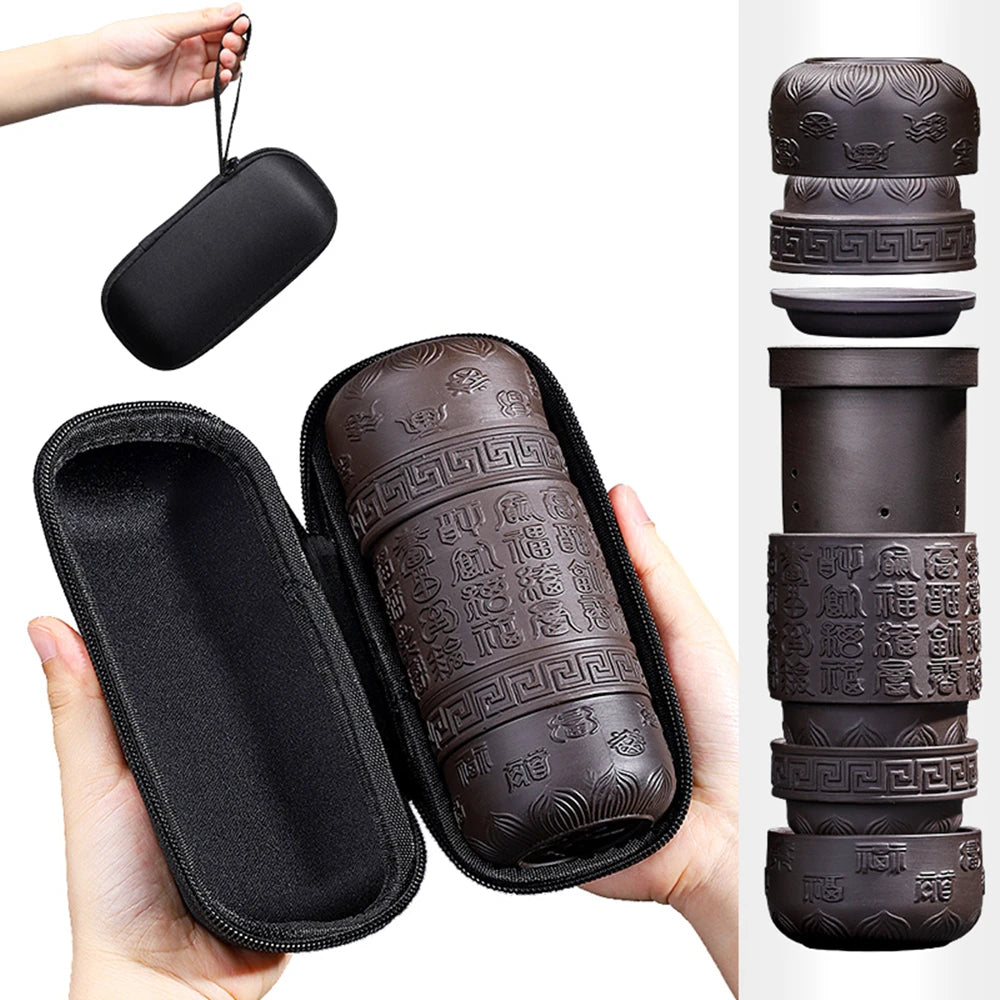 Portable Travel Tea Sets, Purple Sand, One Pot, 4 Cups, Outdoor Storage, Small Bag, Embossed Minimalist Express Cup