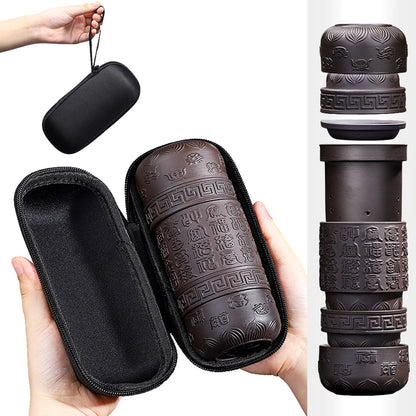 Portable Travel Tea Sets, Purple Sand, One Pot, 4 Cups, Outdoor Storage, Small Bag, Embossed Minimalist Express Cup