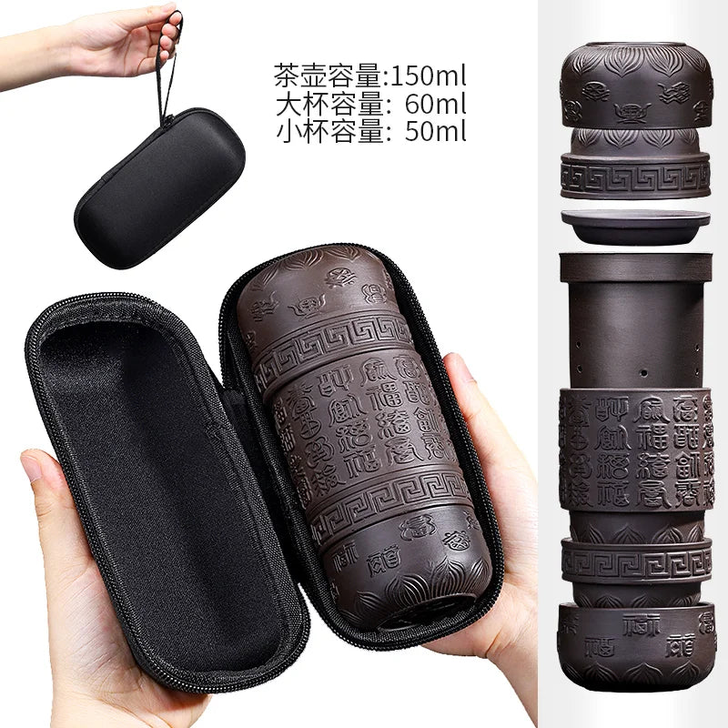 Portable Travel Tea Sets, Purple Sand, One Pot, 4 Cups, Outdoor Storage, Small Bag, Embossed Minimalist Express Cup