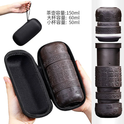 Portable Travel Tea Sets, Purple Sand, One Pot, 4 Cups, Outdoor Storage, Small Bag, Embossed Minimalist Express Cup