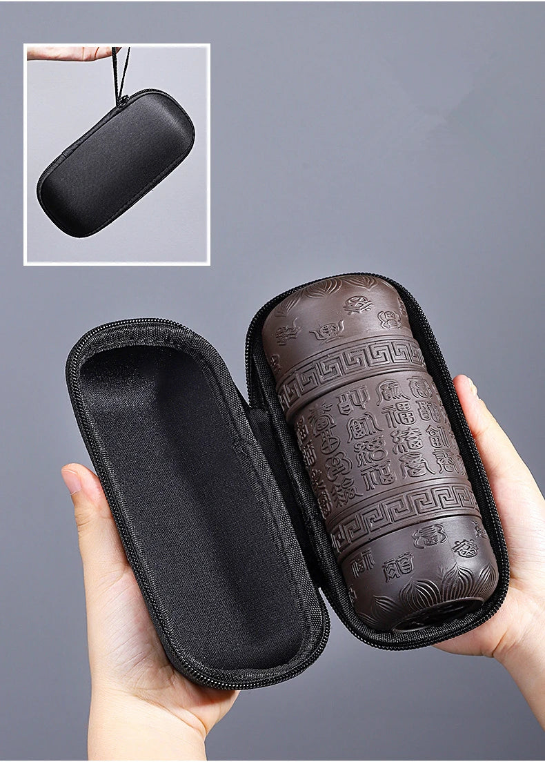 Portable Travel Tea Sets, Purple Sand, One Pot, 4 Cups, Outdoor Storage, Small Bag, Embossed Minimalist Express Cup