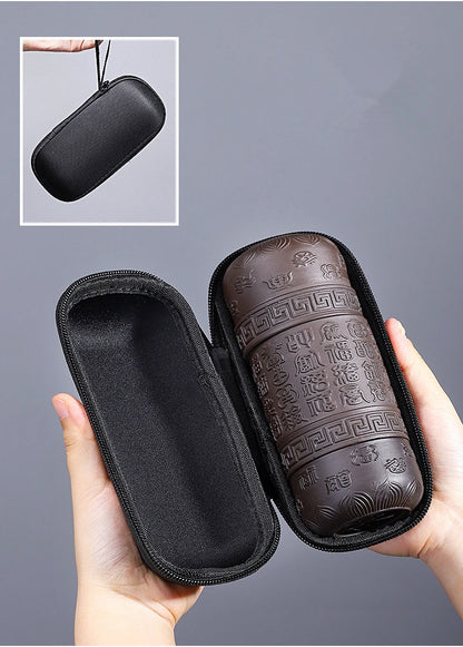 Portable Travel Tea Sets, Purple Sand, One Pot, 4 Cups, Outdoor Storage, Small Bag, Embossed Minimalist Express Cup