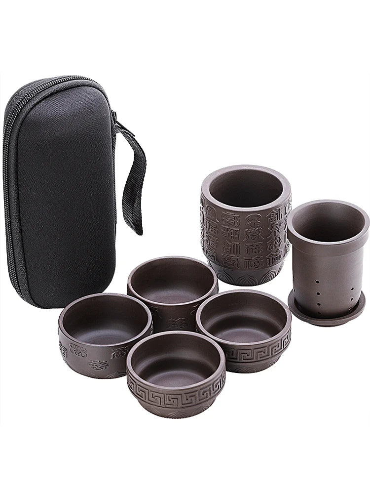 Portable Travel Tea Sets, Purple Sand, One Pot, 4 Cups, Outdoor Storage, Small Bag, Embossed Minimalist Express Cup