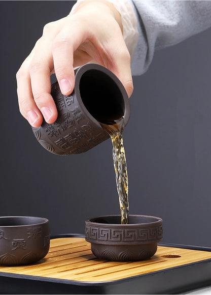 Portable Travel Tea Sets, Purple Sand, One Pot, 4 Cups, Outdoor Storage, Small Bag, Embossed Minimalist Express Cup
