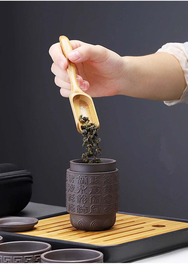 Portable Travel Tea Sets, Purple Sand, One Pot, 4 Cups, Outdoor Storage, Small Bag, Embossed Minimalist Express Cup
