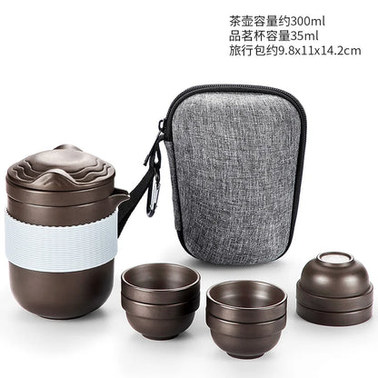 Portable Travel Tea Sets, Purple Sand, One Pot, 4 Cups, Outdoor Storage, Small Bag, Embossed Minimalist Express Cup