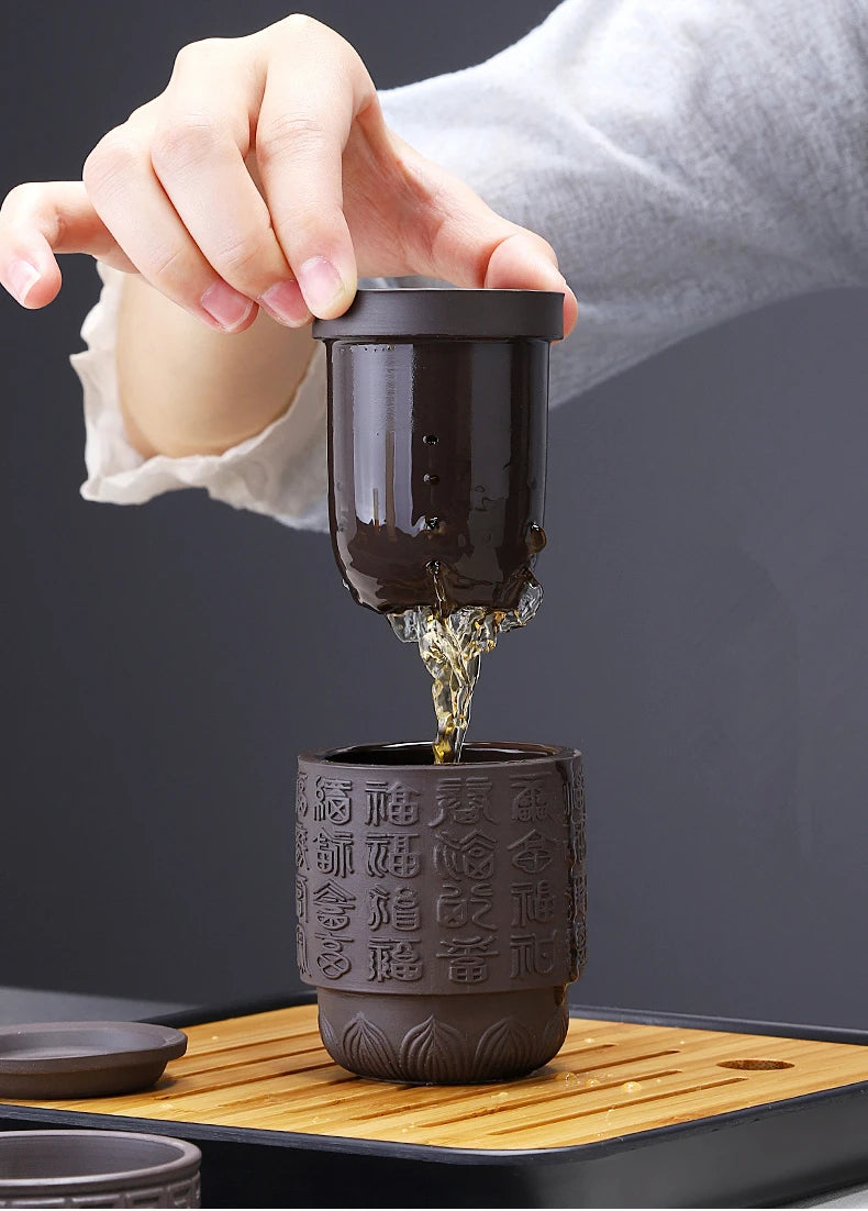Portable Travel Tea Sets, Purple Sand, One Pot, 4 Cups, Outdoor Storage, Small Bag, Embossed Minimalist Express Cup