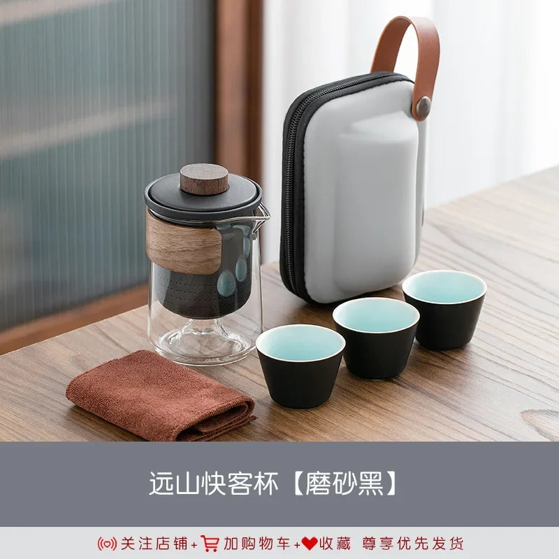 Portable remote mountain travel tea cup tea set, glass outdoor one pot, three cups, ceramic express cup, tea pot