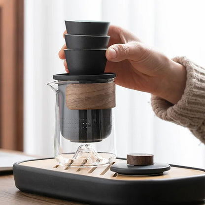 Portable remote mountain travel tea cup tea set, glass outdoor one pot, three cups, ceramic express cup, tea pot