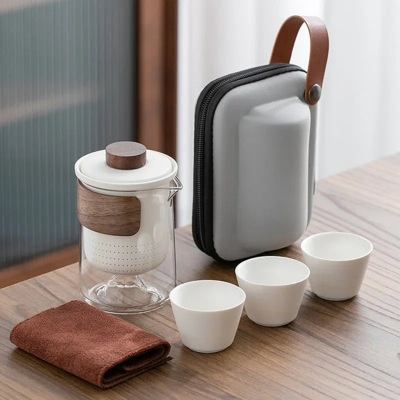 Portable remote mountain travel tea cup tea set, glass outdoor one pot, three cups, ceramic express cup, tea pot