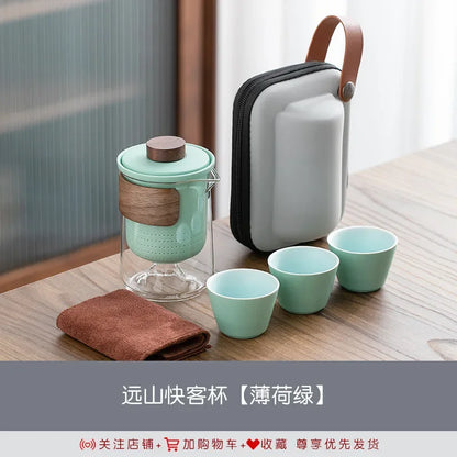 Portable remote mountain travel tea cup tea set, glass outdoor one pot, three cups, ceramic express cup, tea pot