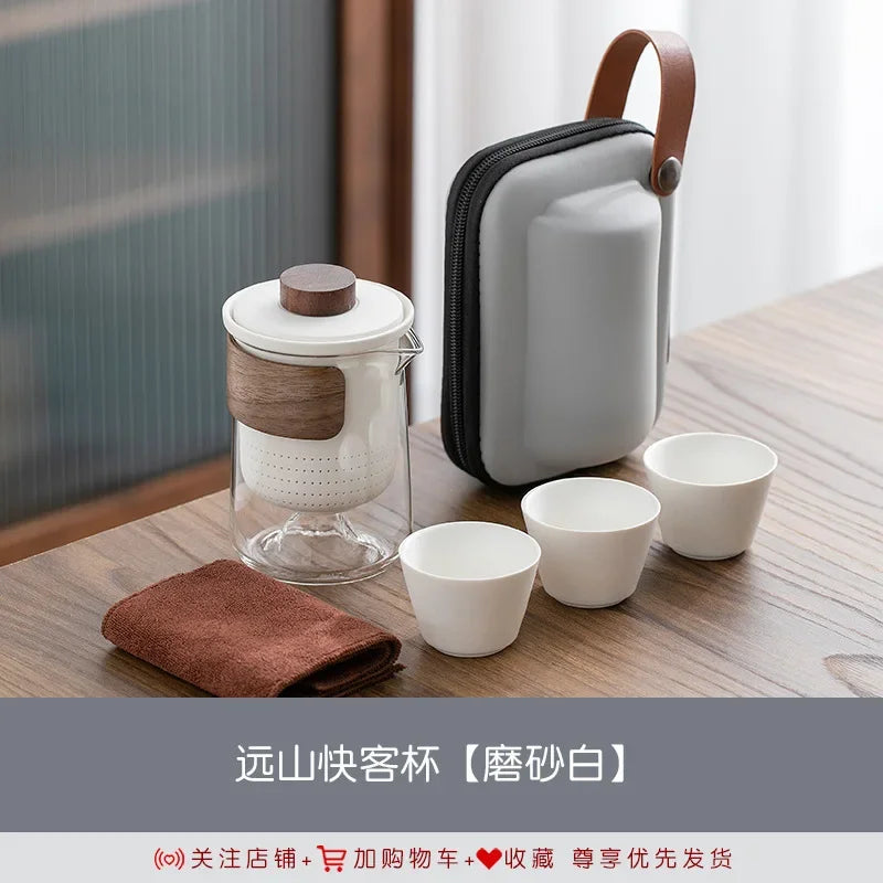 Portable remote mountain travel tea cup tea set, glass outdoor one pot, three cups, ceramic express cup, tea pot