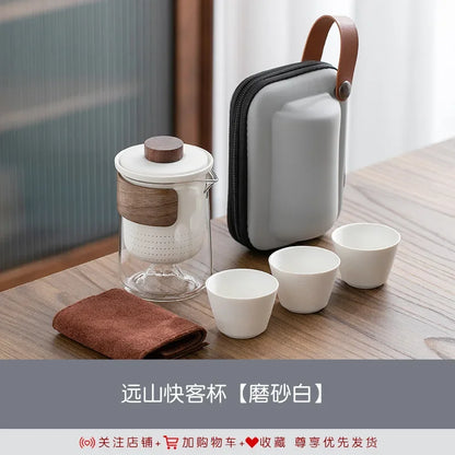 Portable remote mountain travel tea cup tea set, glass outdoor one pot, three cups, ceramic express cup, tea pot