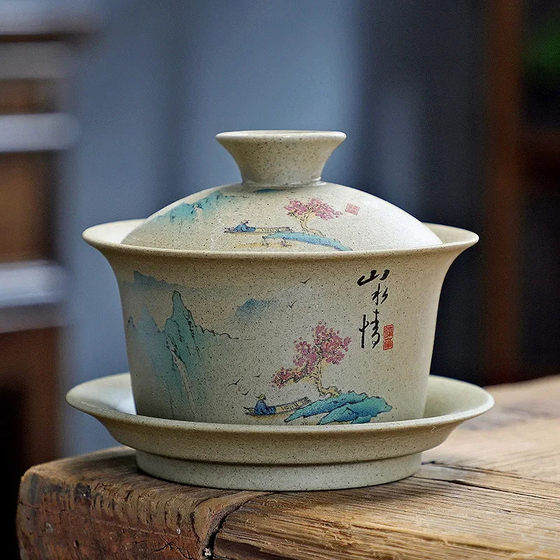 Pottery Sancai Gaiwan Chinese Purple Clay Teacups Handpainted Kung Fu Teaware Tea Bowls Ceramic Tea Tureen Set Tea Cups