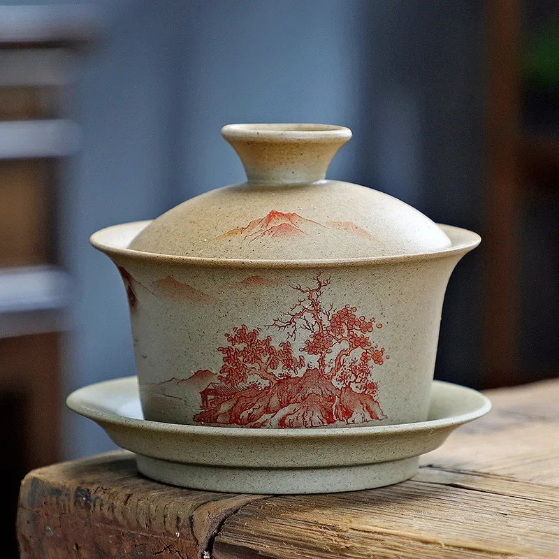 Pottery Sancai Gaiwan Chinese Purple Clay Teacups Handpainted Kung Fu Teaware Tea Bowls Ceramic Tea Tureen Set Tea Cups