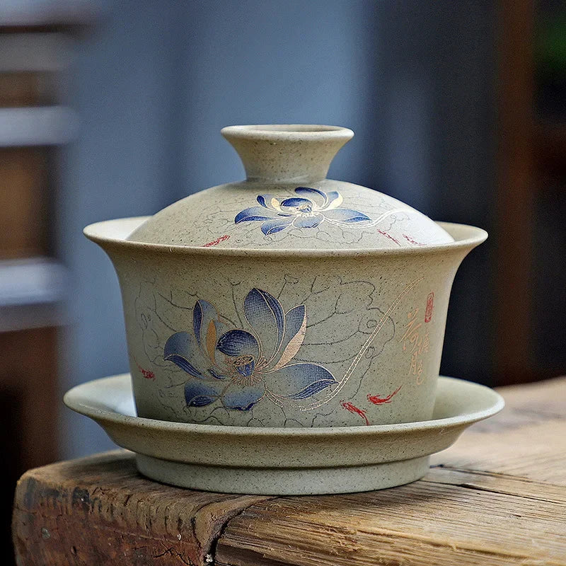 Pottery Sancai Gaiwan Chinese Purple Clay Teacups Handpainted Kung Fu Teaware Tea Bowls Ceramic Tea Tureen Set Tea Cups
