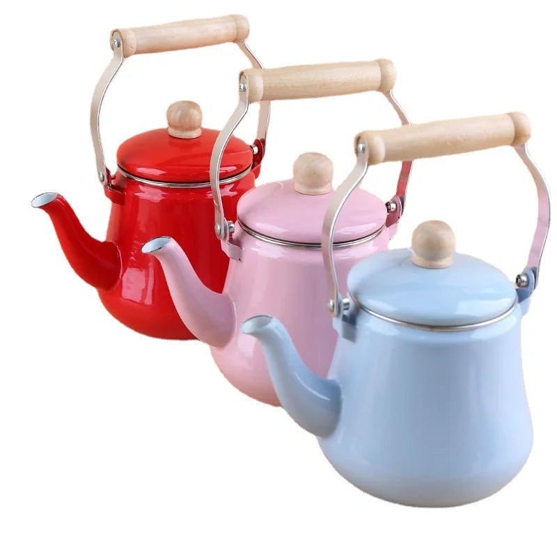 Premium Thick Enamel Water Kettle with Removable Mesh Infuser Tea Pot for Stove Top Boiling and Electric Induction Cookers