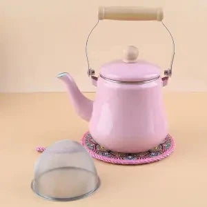 Premium Thick Enamel Water Kettle with Removable Mesh Infuser Tea Pot for Stove Top Boiling and Electric Induction Cookers