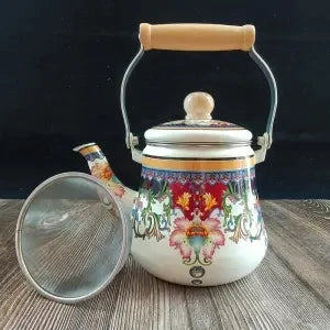 Premium Thick Enamel Water Kettle with Removable Mesh Infuser Tea Pot for Stove Top Boiling and Electric Induction Cookers