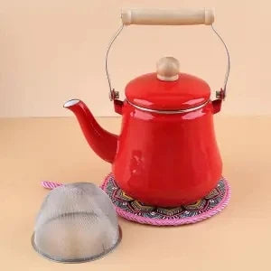 Premium Thick Enamel Water Kettle with Removable Mesh Infuser Tea Pot for Stove Top Boiling and Electric Induction Cookers