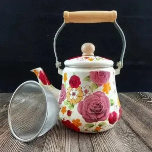 Premium Thick Enamel Water Kettle with Removable Mesh Infuser Tea Pot for Stove Top Boiling and Electric Induction Cookers
