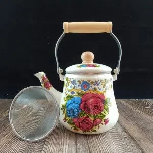Premium Thick Enamel Water Kettle with Removable Mesh Infuser Tea Pot for Stove Top Boiling and Electric Induction Cookers