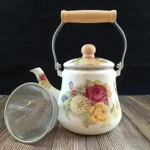 Premium Thick Enamel Water Kettle with Removable Mesh Infuser Tea Pot for Stove Top Boiling and Electric Induction Cookers