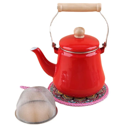 Premium Thick Enamel Water Kettle with Removable Mesh Infuser Tea Pot for Stove Top Boiling and Electric Induction Cookers