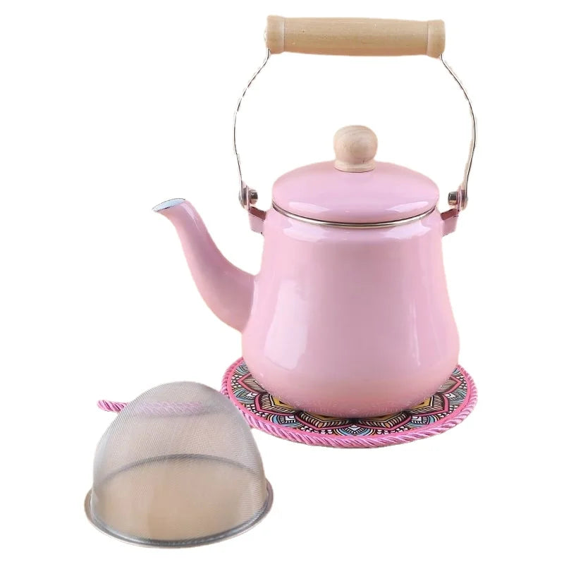 Premium Thick Enamel Water Kettle with Removable Mesh Infuser Tea Pot for Stove Top Boiling and Electric Induction Cookers