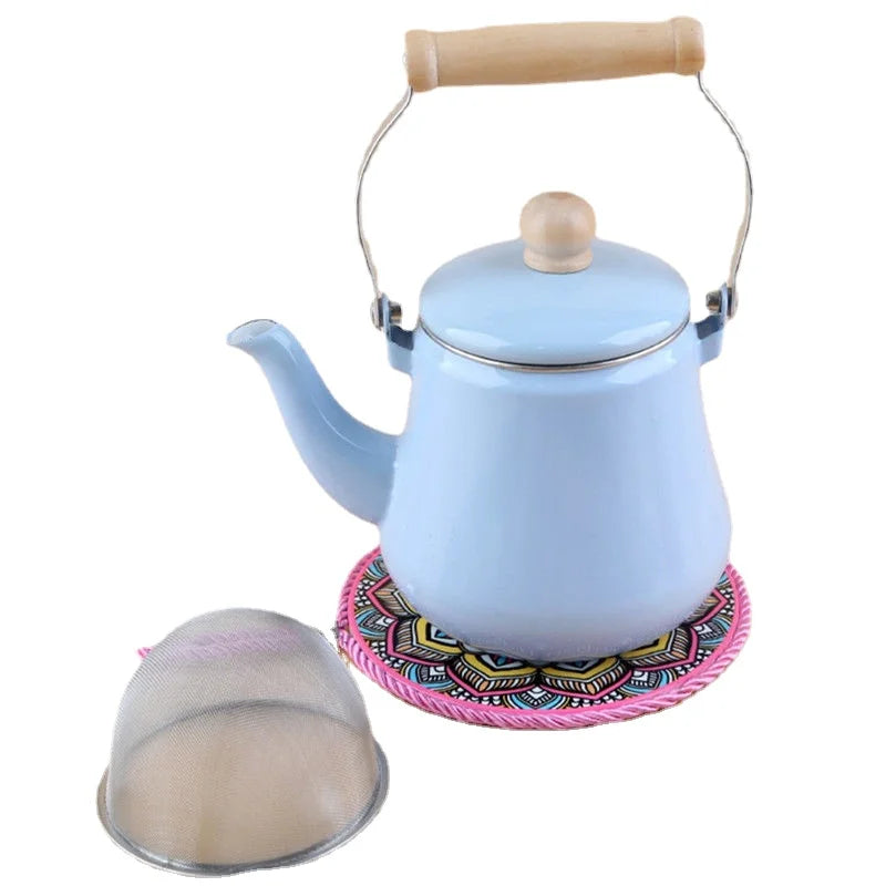 Premium Thick Enamel Water Kettle with Removable Mesh Infuser Tea Pot for Stove Top Boiling and Electric Induction Cookers
