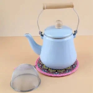 Premium Thick Enamel Water Kettle with Removable Mesh Infuser Tea Pot for Stove Top Boiling and Electric Induction Cookers
