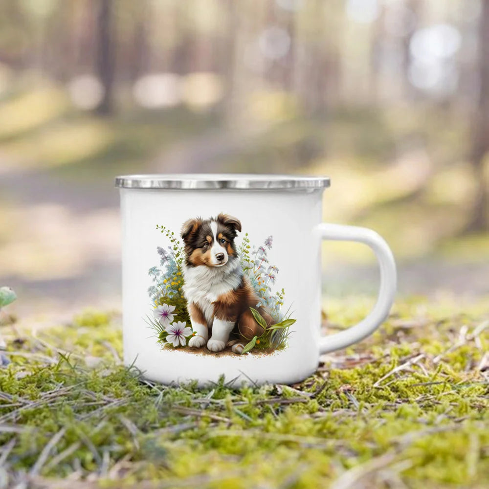 Printed Enamel Mug Camping Handle Mug Gifts for Dog Lovers Coffee Cup Dachshund Bulldog Border Colliegolden Retriever