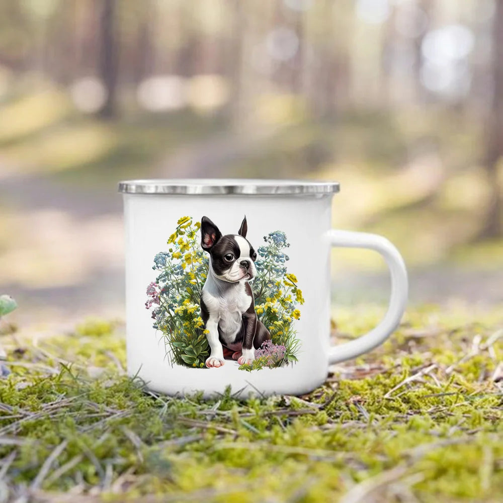 Printed Enamel Mug Camping Handle Mug Gifts for Dog Lovers Coffee Cup Dachshund Bulldog Border Colliegolden Retriever
