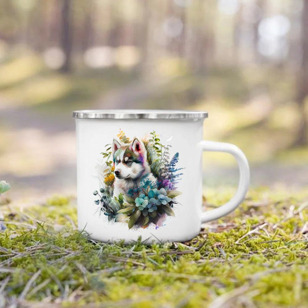 Printed Enamel Mug Camping Handle Mug Gifts for Dog Lovers Coffee Cup Dachshund Bulldog Border Colliegolden Retriever