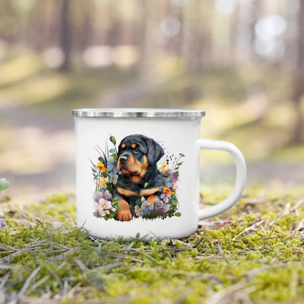 Printed Enamel Mug Camping Handle Mug Gifts for Dog Lovers Coffee Cup Dachshund Bulldog Border Colliegolden Retriever