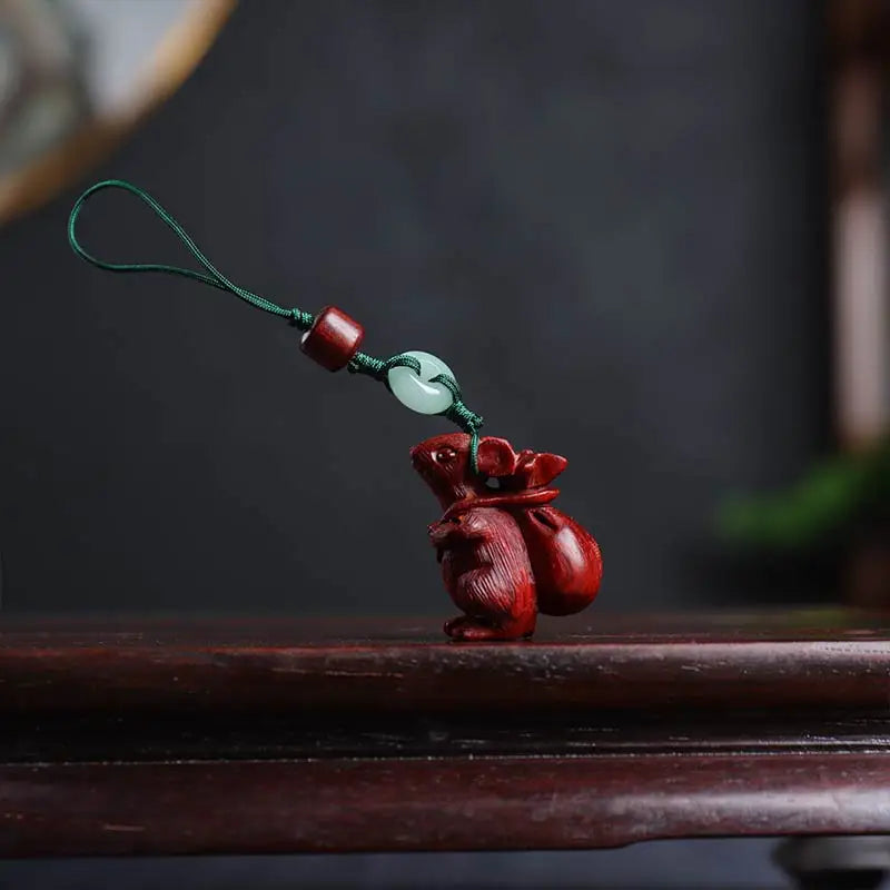 Pterocarpus santalinus 3.2cm Chinese Zodiac Animal Sculpture Car Hanging Bag Pendant Feng Shui Real Wood Mascot