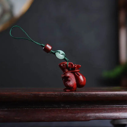 Pterocarpus santalinus 3.2cm Chinese Zodiac Animal Sculpture Car Hanging Bag Pendant Feng Shui Real Wood Mascot