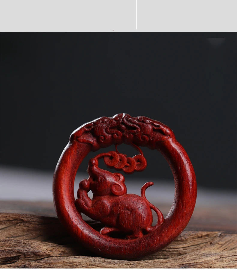 Pterocarpus santalinus 4cm Traditional Chinese Zodiac Real Wood Sculpture Car Hanging Bag Pendant Mascot