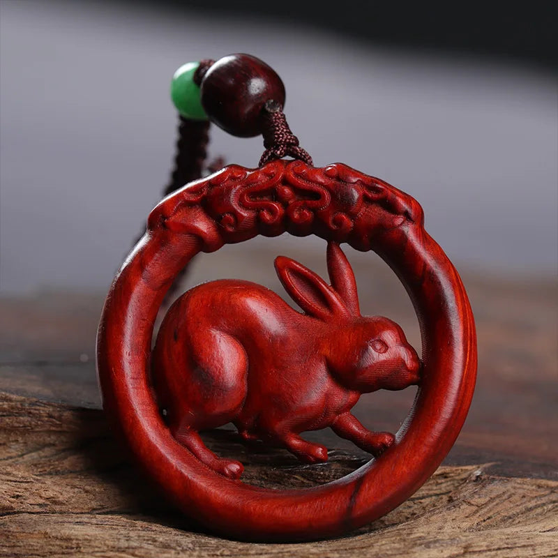 Pterocarpus santalinus 4cm Traditional Chinese Zodiac Real Wood Sculpture Car Hanging Bag Pendant Mascot