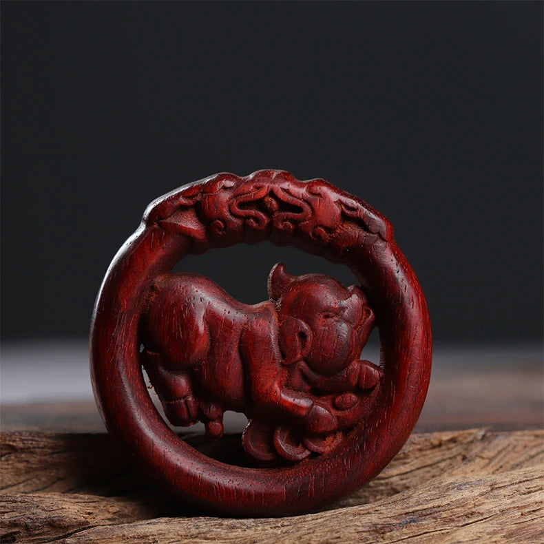 Pterocarpus santalinus 4cm Traditional Chinese Zodiac Real Wood Sculpture Car Hanging Bag Pendant Mascot