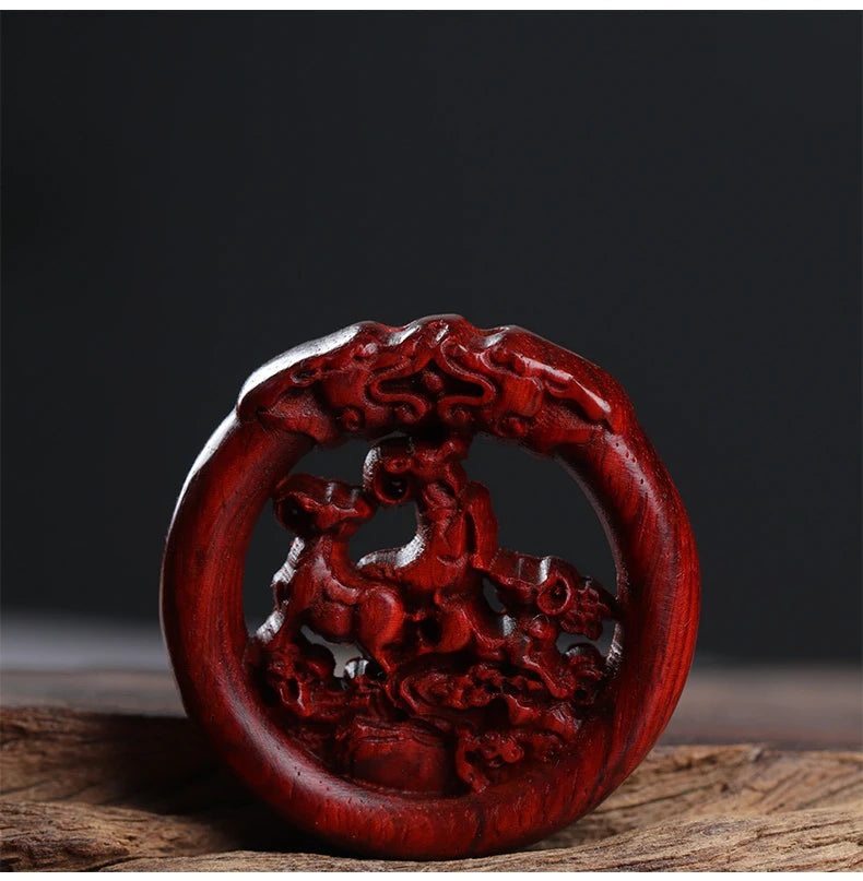 Pterocarpus santalinus 4cm Traditional Chinese Zodiac Real Wood Sculpture Car Hanging Bag Pendant Mascot
