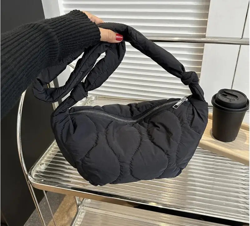 Puffer Shoulder Bag for Women Soft Down Cotton Padded Tote Handbag Purse Quilted Cross Body Bag Solid Color