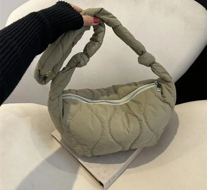 Puffer Shoulder Bag for Women Soft Down Cotton Padded Tote Handbag Purse Quilted Cross Body Bag Solid Color