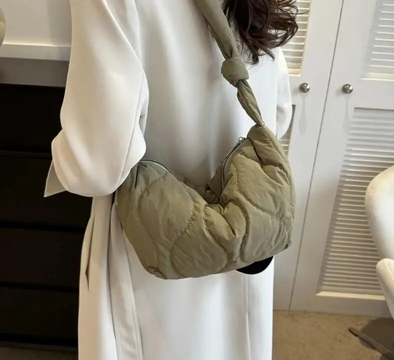 Puffer Shoulder Bag for Women Soft Down Cotton Padded Tote Handbag Purse Quilted Cross Body Bag Solid Color