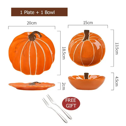Pumpkin Design Ceramic Bowl Dessert Plate Round Backing Ramekin Bowl Dinner Dishes Breakfast Dinnerware Set Microwave Safe