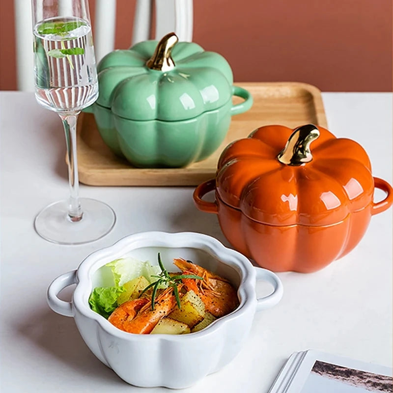 Pumpkin Shape Bowl with Lid Ceramic Soup Salad Cereal Bowl Bakeware Oven Baking Pan Kitchen Novelty Party Festival Decoration