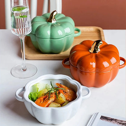 Pumpkin Shape Bowl with Lid Ceramic Soup Salad Cereal Bowl Bakeware Oven Baking Pan Kitchen Novelty Party Festival Decoration