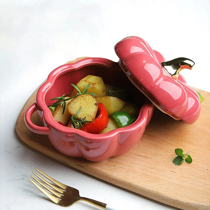 Pumpkin Shape Bowl with Lid Ceramic Soup Salad Cereal Bowl Bakeware Oven Baking Pan Kitchen Novelty Party Festival Decoration