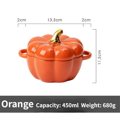 Pumpkin Shape Bowl with Lid Ceramic Soup Salad Cereal Bowl Bakeware Oven Baking Pan Kitchen Novelty Party Festival Decoration