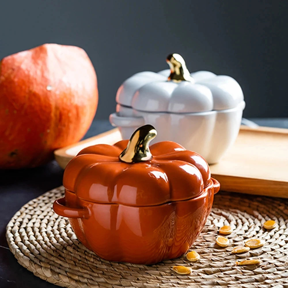 Pumpkin Shape Bowl with Lid Ceramic Soup Salad Cereal Bowl Bakeware Oven Baking Pan Kitchen Novelty Party Festival Decoration